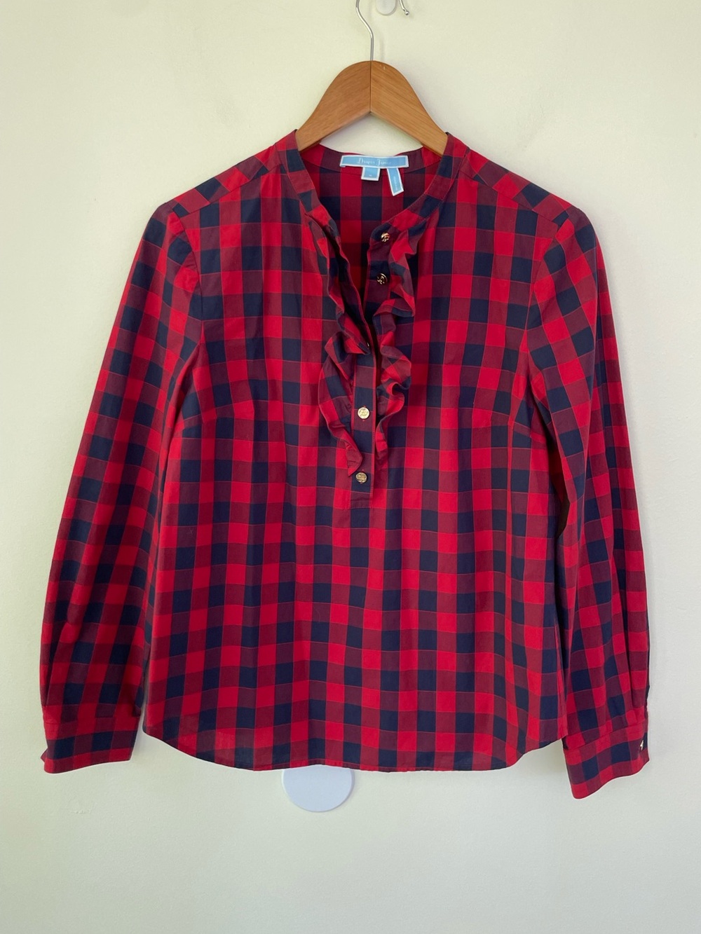 Draper James Buffalo Check Plaid Front Ruffle Popover Blouse 6 Red Navy Blue